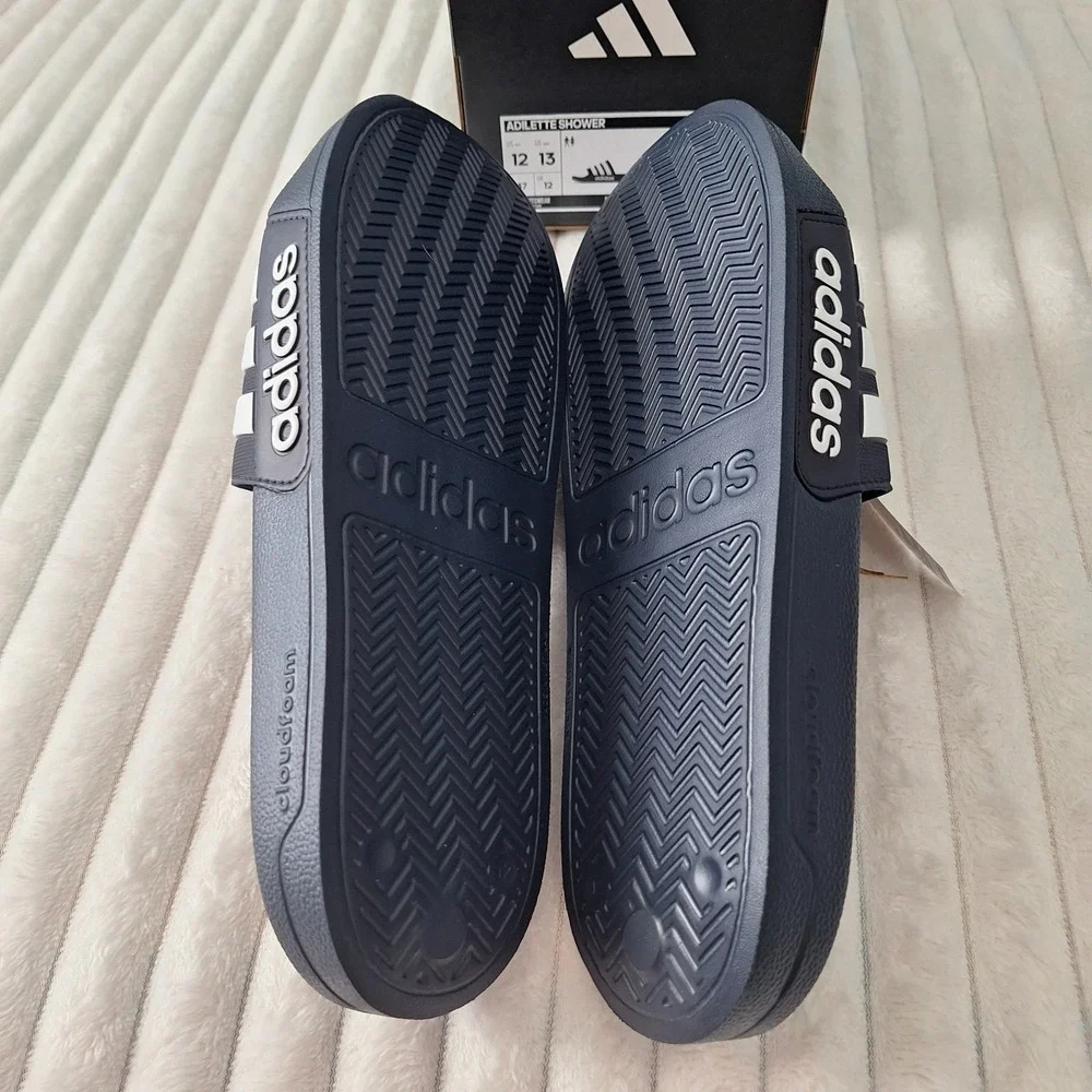 Adidas Mens Adilette Shower Slides Sandals 12 Navy Wht Striped Causal Athleisure